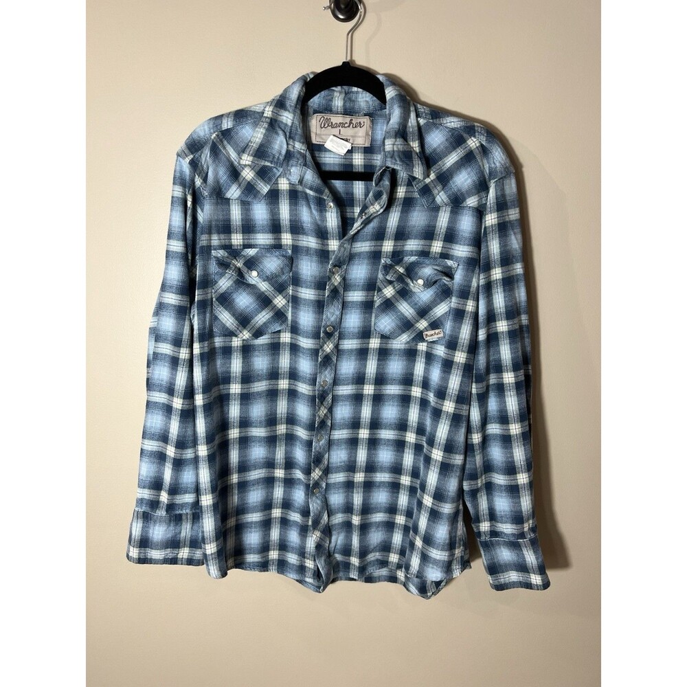 Wrangler Western Shirt Mens Large Blue Plaid Pearl Snap Long Sleeve Cowboy